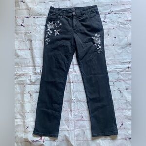 St Johns Bay Black Straight Leg Jeans Floral Embroidered Stretch Sz 12